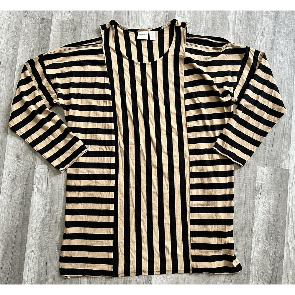 Chico's Size Large Tunic Zenergy Tandyโ Cold Shoulder Knit Top Tan Black Striped